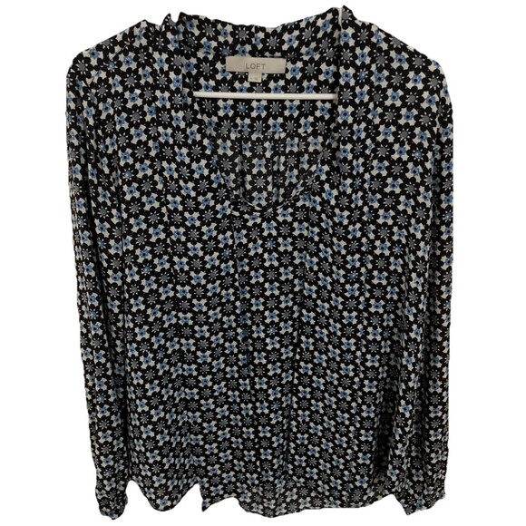 Loft Top Blouse 14 Blue Sun Gingham Lightweight Tie Neckline Career Office - Picture 1 of 4